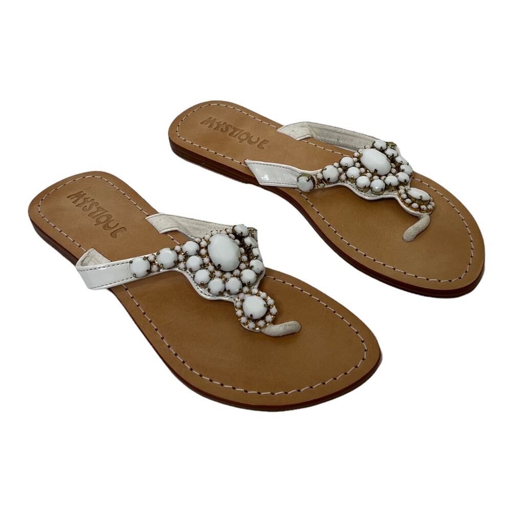 Mystique Women's Sz 8 Marseille White‎ Jeweled Flat Sandal Leather Thong Slip-On